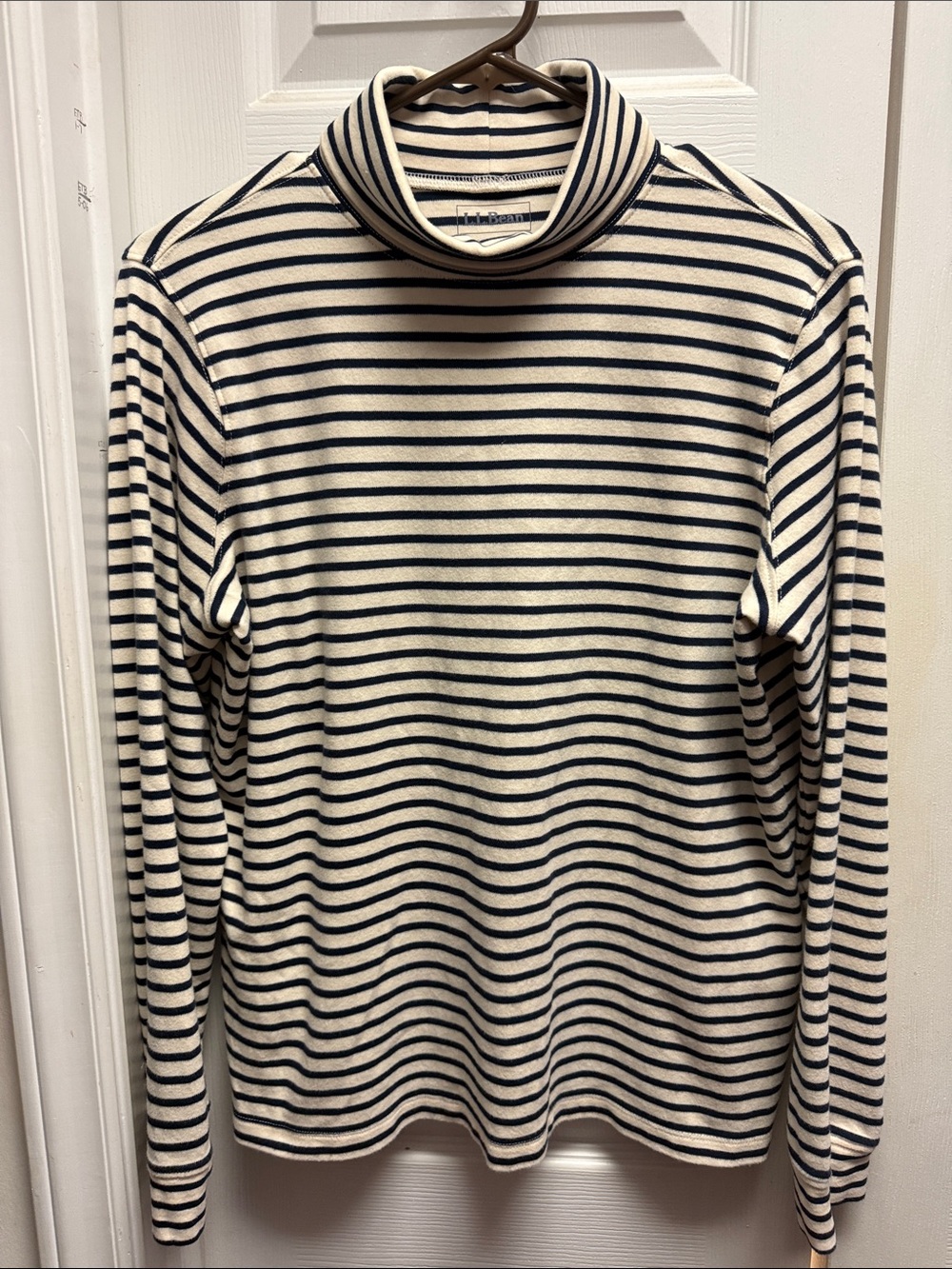 L.L. Bean Cream and Navy Striped Turtleneck